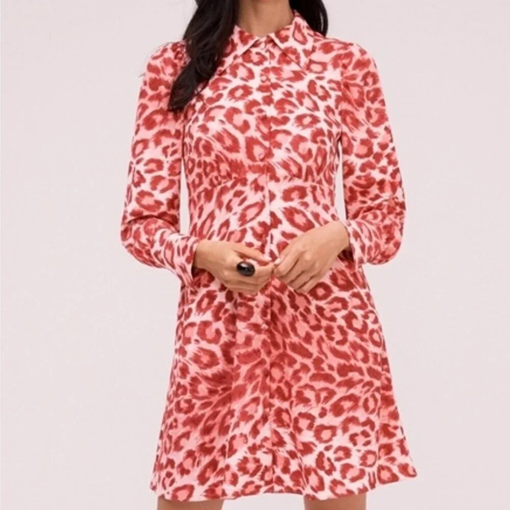 KATE SPADE NEW YORK Panthera Shirtdress in Pink + Red Leopard Print Size 2 NWOT